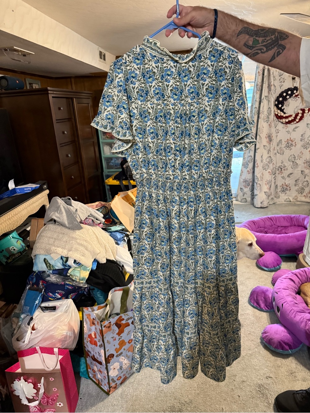Floral Blue Tiered Smocked Midi Dress - Women's